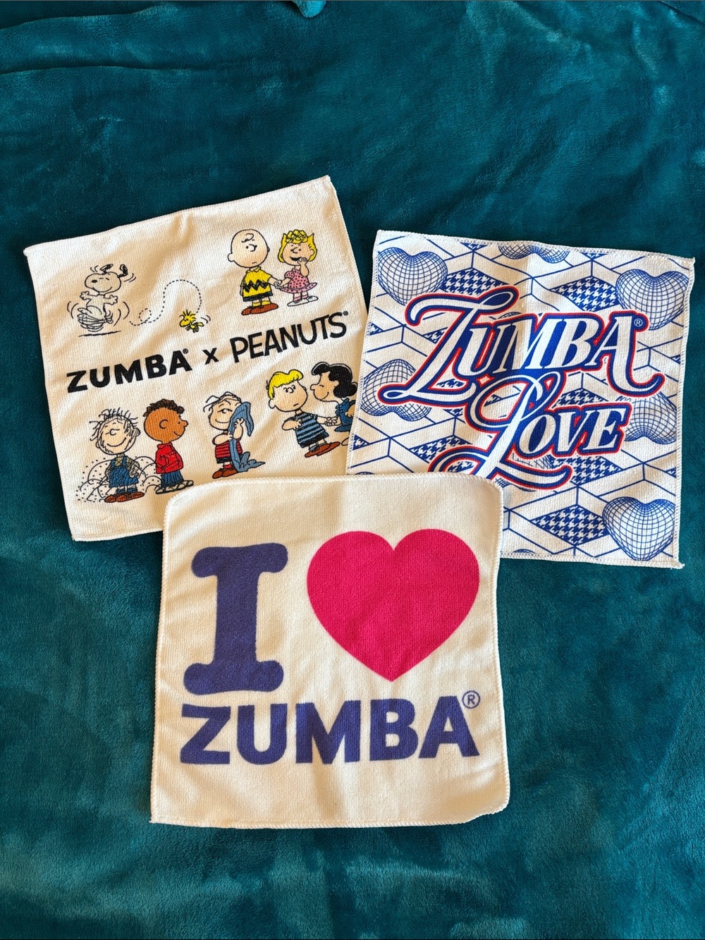 3 Zumba Towels! Zumba Peanuts, I 💗 Zumba & White, Blue and Red Graphic Towel